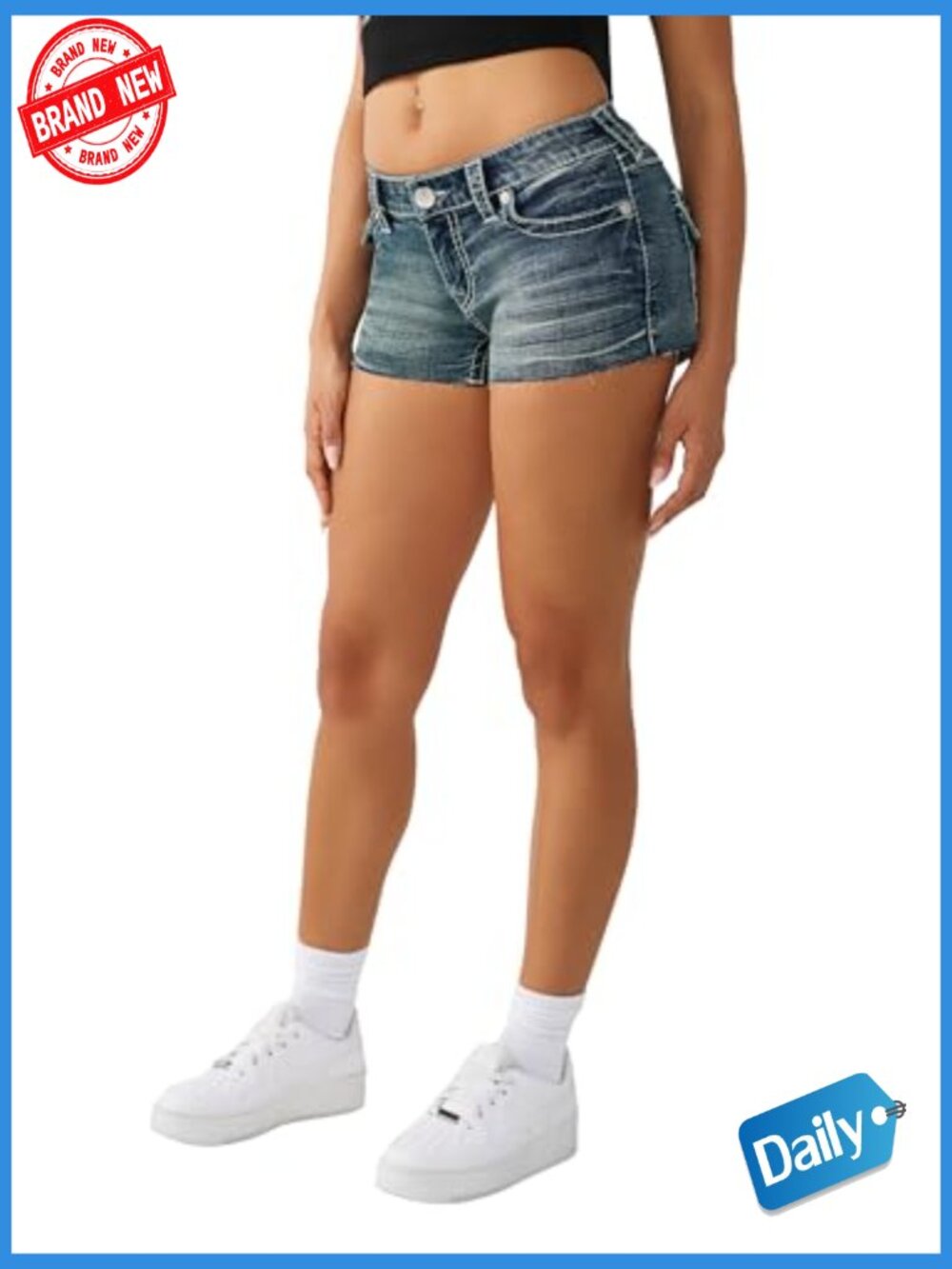 Low Rise Denim Shorts with Raw Hem and Back Flap Pockets - Picture 6 of 7